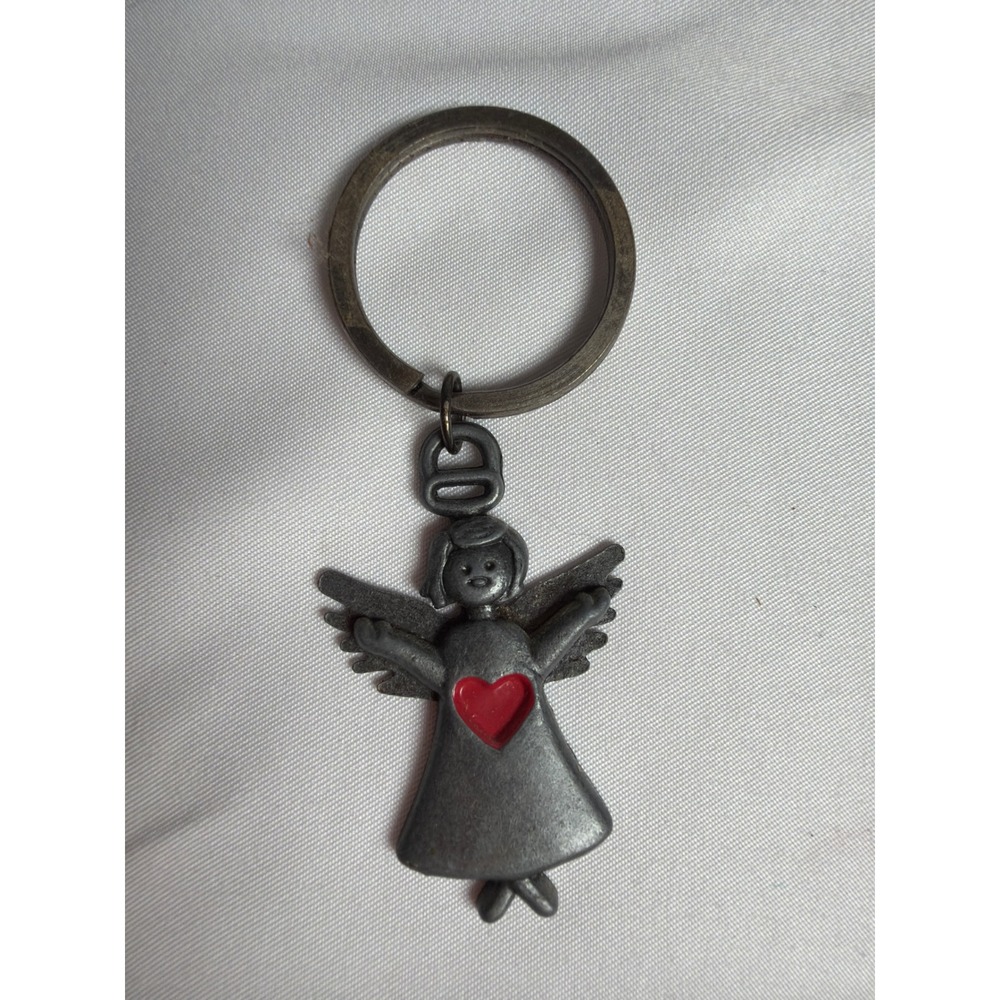 Pewter Angel Red Heart Keychain Unisex OS Gray Excellent